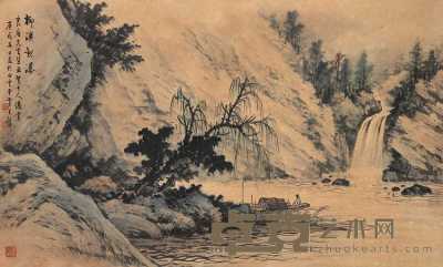 黄君璧 1970年作 柳溪观瀑图 镜心 54.5×90cm
